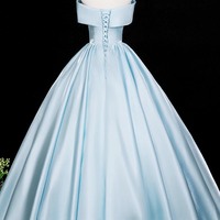 Blue Satin Long A-Line Prom Formal Dress - Thumbnail 4