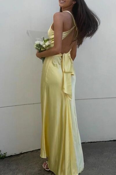 SR500,Pastel Yellow Mermaid Prom Dresses Cross Back Evening Party Dress