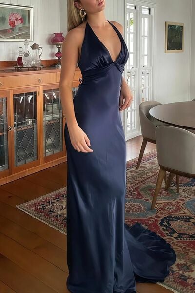 SR504,Navy Blue Halter V-neck Prom Dresses Cross Back Evening Party Dress
