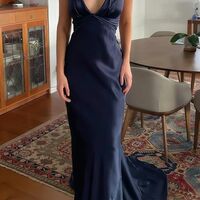 SR504,Navy Blue Halter V-neck Prom Dresses Cross Back Evening Party Dress - Thumbnail 1