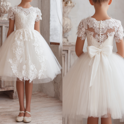 White short sleeve knee length lace flower girl dress brithday party kids skirt princess clothing 