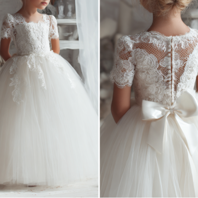 White short sleeve lace flower girl dress brithday party kids skirt princess clothing 