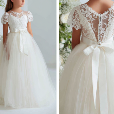 White short sleeve full length lace flower girl dress brithday party kids skirt princess dresses