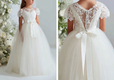 White Short Sleeve Full Length Lace Flower Girl Dress Brithday Party Kids Skirt Princess Dresses