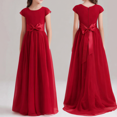 Red chiffon with sash flower girl dress brithday party kids skirt princess clothing 