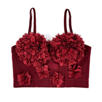 Mesh see-through fishbone bra with beaded 3D floral Angolan red lingerie - Thumbnail 4