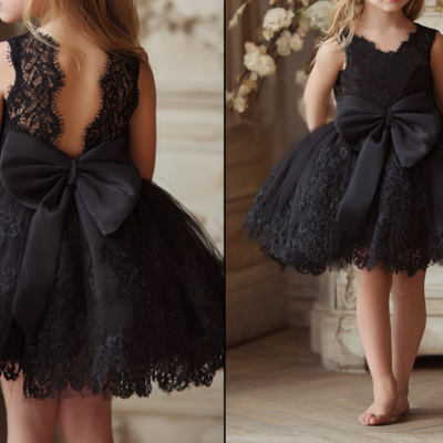 Black short knee length lace flower girl dress brithday party kids skirt princess dresses w1.10