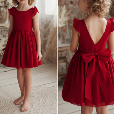 Red knee length flower girl dress brithday party kids skirt princess clothing w1-9 - Thumbnail 2