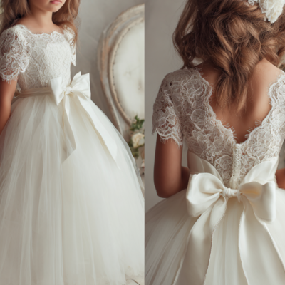 Ivory tulle and lace with sash flower girl dress brithday party kids skirt princess clothing w1.11