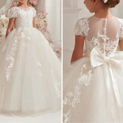 Ivory tulle and lace with bow flower girl dress brithday party kids skirt princess clothing w1.14