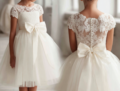 Ivory Short Knee Length Lace Flower Girl Dress Brithday Party Kids Skirt Princess Dresses W1.12