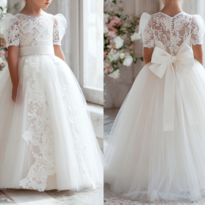  ivory short sleeve tulle lace flower girl dress brithday party kids skirt princess dresses w1.15