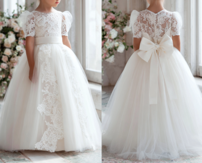  Ivory Short Sleeve Tulle Lace Flower Girl Dress Brithday Party Kids Skirt Princess Dresses W1.15