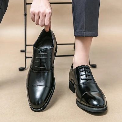 Handmade black cap toe lace up formal shoes for men's - Thumbnail 1