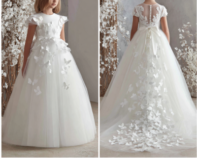 White Full Length With Butterfly Flower Girl Dress Brithday Party Kids Skirt Princess Clothing W1-16