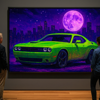 Neon Green Car Under Purple Sky - Thumbnail 1
