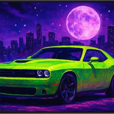 Neon green car under purple sky