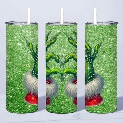 Green glitter grinch hands tumbler, funny holiday mug, stainless steel tumbler, christmas gift, free ship