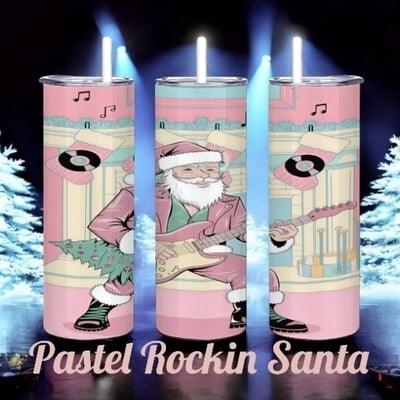 Vibrant pink rocker santa christmas tumbler - pastel aesthetic guitar-playing santa with vinyl stocking 20 oz skinny sublimation