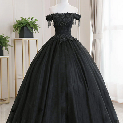 Black tulle lace long prom dress, black tulle lace evening dress
