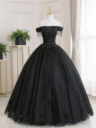 Black Tulle Lace Long Prom Dress, Black Tulle Lace Evening Dress