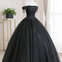 Black Tulle Lace Long Prom Dress, Black Tulle Lace Evening Dress - Thumbnail 1