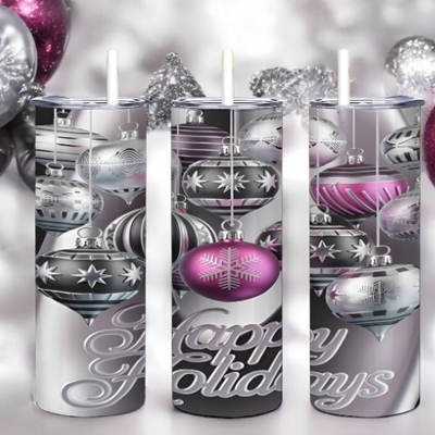Elegant silver and pink christmas ornament tumbler - happy holidays script 20 oz skinny sublimation