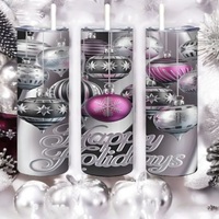 Elegant Silver and Pink Christmas Ornament Tumbler - Happy Holidays Script 20 oz Skinny Sublimation - Thumbnail 1