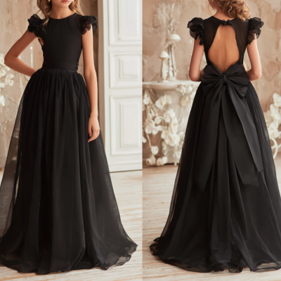 Black chiffon flower girl dress brithday party kids skirt princess clothing w1.19 - Thumbnail 1