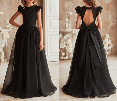 Black Chiffon Flower Girl Dress Brithday Party Kids Skirt Princess Clothing W1.19