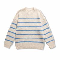Retro relaxed-fit crew neck long-sleeved pullover striped sweater - Thumbnail 1