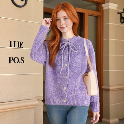 Iridescent butterfly drawstring button-down long-sleeved cardigan sweater - Thumbnail 2