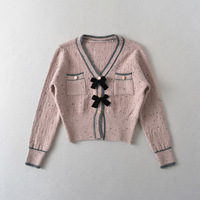 Color-blocked striped bow V-neck long-sleeved sweater - Thumbnail 1