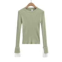 Simple round neck and collar color-blocked stretch slim-fit knit base layer top - Thumbnail 1