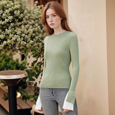 Simple round neck and collar color-blocked stretch slim-fit knit base layer top