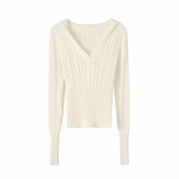 V-neck hooded pullover ribbed cable knit casual sweater - Thumbnail 1
