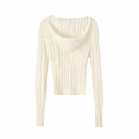 V-neck hooded pullover ribbed cable knit casual sweater - Thumbnail 2