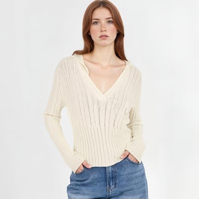 V-neck hooded pullover ribbed cable knit casual sweater - Thumbnail 1