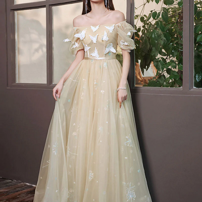 Champagne a-line tulle lace long prom dress champagne evening dress