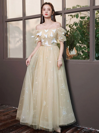 Champagne A-line Tulle Lace Long Prom Dress Champagne Evening Dress