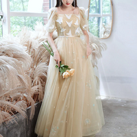 Champagne A-line Tulle Lace Long Prom Dress Champagne Evening Dress - Thumbnail 2