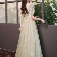 Champagne A-line Tulle Lace Long Prom Dress Champagne Evening Dress - Thumbnail 3