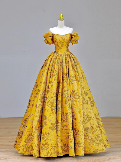Yellow Printed Pattern Floor Length Prom Dress Elegant Off The Shoulder Formal Dress