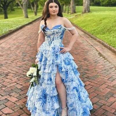 Sr505,charming floral chiffon ruffle prom dresses sweetheart evening party dress - Thumbnail 1
