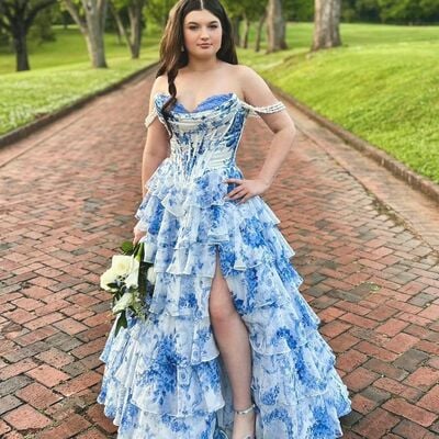 SR505,Charming Floral Chiffon Ruffle Prom Dresses Sweetheart Evening Party Dress