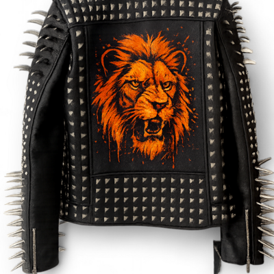 Crafted leather new handmade women's punk full long spiked studded graffiti lion face street-art strokes and dynamic jacket - Thumbnail 1