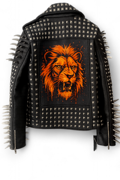 Crafted Leather New Handmade Women's Punk Full Long Spiked Studded Graffiti Lion Face Street-art Strokes and Dynamic Jacket