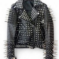 Crafted Leather New Handmade Women's Punk Full Long Spiked Studded Graffiti Lion Face Street-art Strokes and Dynamic Jacket - Thumbnail 1