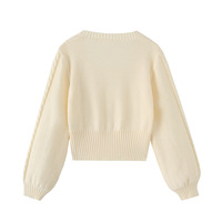 Retro-style square neck lantern sleeve long-sleeved casual ribbed knit sweater - Thumbnail 1