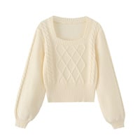 Retro-style square neck lantern sleeve long-sleeved casual ribbed knit sweater - Thumbnail 2